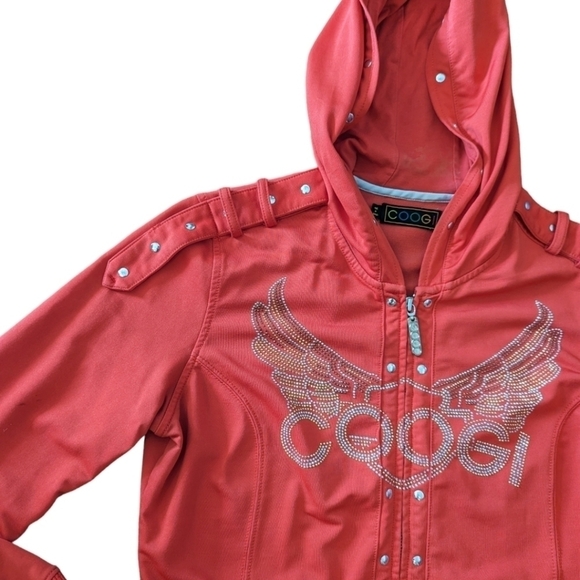 Coogi Y2K Angel Wings metallic studded red Knit hooded zip front jacket Sz M - Picture 7 of 12